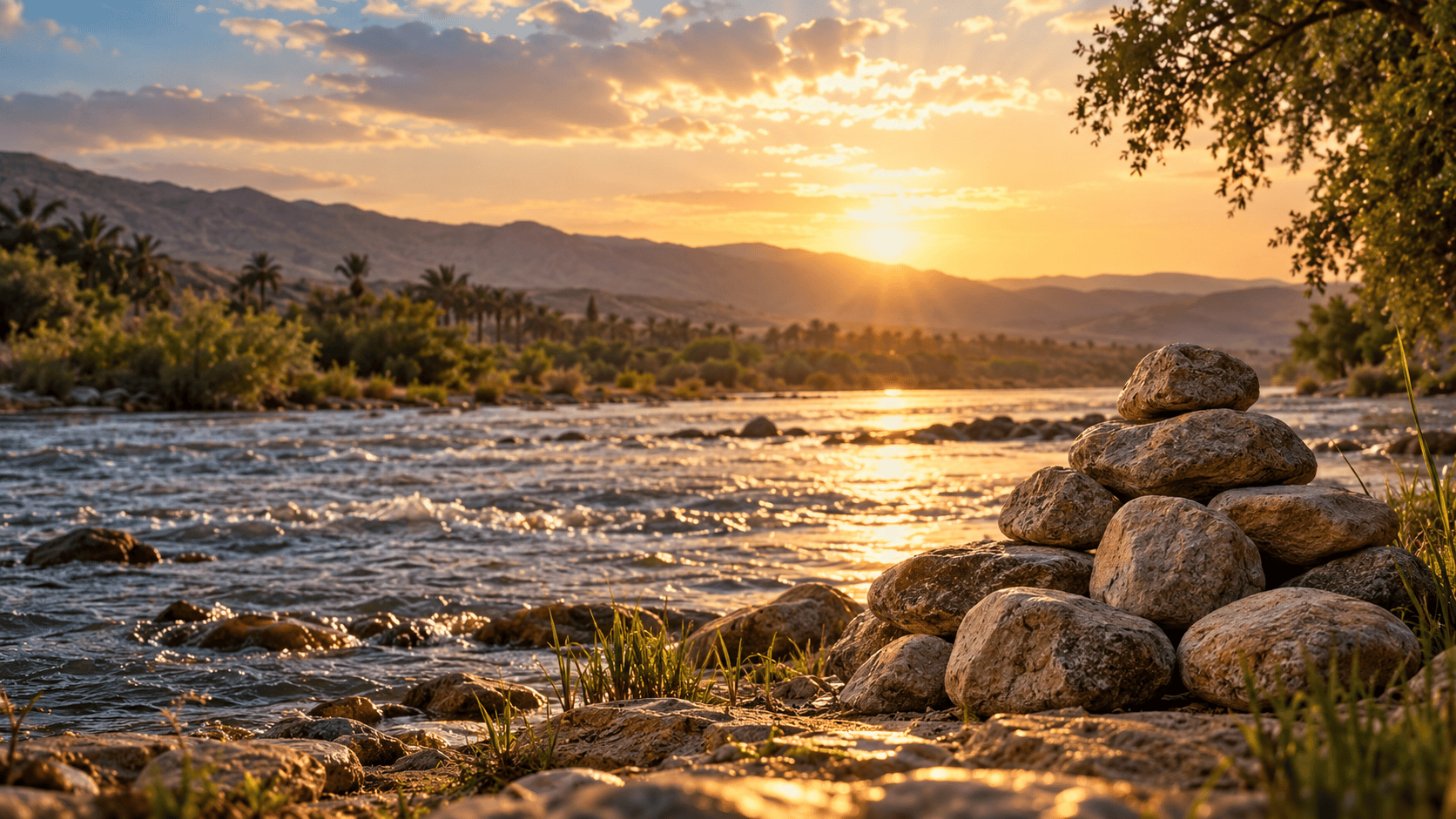 Sunlit River Valley with Stone Cairn